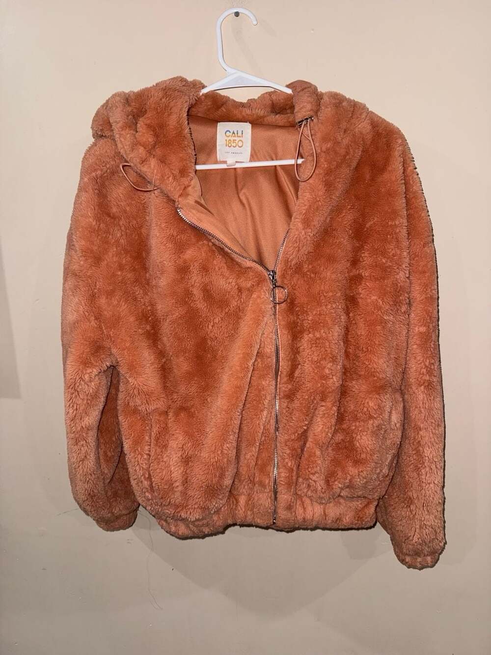 Cali 1850 Faux Fur Hooded Jacket Size S Rust Zip Up Teddy